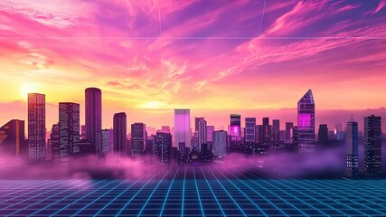 Wall Mural - A vibrant city skyline at sunset, futuristic architecture with colorful lights and a digital grid overlay.