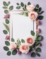 Wall Mural - Elegant blush pink roses & greenery create a beautiful frame around a blank card.