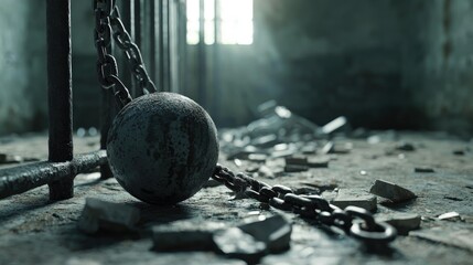 Poster - A close-up of a broken ball and chain, with broken prison bars in the background, capturing the tension of an escape or prison break.