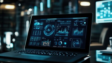 Poster - A close-up of a laptop screen displaying a detailed financial data dashboard, showcasing advanced technology and real-time analytics in a modern office