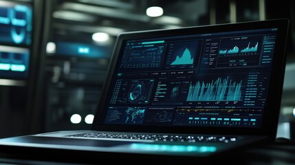 Poster - A close-up of a laptop screen displaying a detailed financial data dashboard, showcasing advanced technology and real-time analytics in a modern office