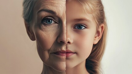 Poster - A creative split photo of a woman and a girl, showcasing the effects of time, aging, and skincare, with space for additional text.