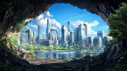 Poster - A dystopian scene where a city skyline is framed by a rocky cave entrance, blending urban life with nature under a vibrant, clear blue sky.