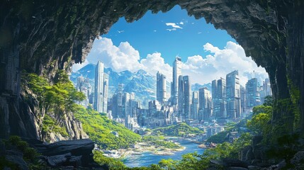 Poster - A dystopian scene where a city skyline is framed by a rocky cave entrance, blending urban life with nature under a vibrant, clear blue sky.