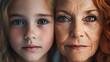 © Natchooda - A portrait split between a young girl and a mature woman, representing the evolution of aging, skincare, and the contrast of youth and age, with copy space.