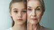 © Natchooda - A portrait split between a young girl and a mature woman, representing the evolution of aging, skincare, and the contrast of youth and age, with copy space.