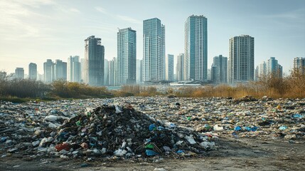 Poster - A stark contrast of a garbage heap in the foreground and towering modern buildings in the background, with a clear sky, depicting a dystopian future where waste has overtaken urban spaces.