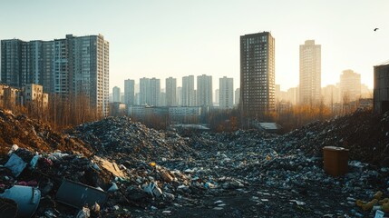 Poster - A stark contrast of a garbage heap in the foreground and towering modern buildings in the background, with a clear sky, depicting a dystopian future where waste has overtaken urban spaces.