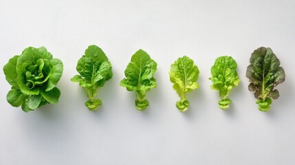 Poster - A top-down view of green lettuce plants growing at different stages, arranged symmetrically on a clean surface, showcasing agricultural growth