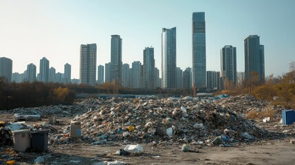 Poster - An urban landscape with a large garbage pile in the foreground, modern skyscrapers rising in the background under a clear sky, symbolizing environmental decay in a dystopian world.