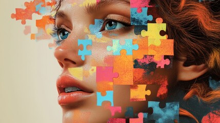 Poster - Generative AI artwork featuring a female face with a mix of vibrant, geometric shapes and colorful puzzle pieces, blending technology and fashion.