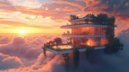 Wall Mural - A house is built on top of a cloud with a sunset in the background