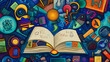 © sasisom - Cartoon illustration of an open book surrounded by educational icons, representing academic success and learning