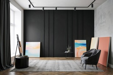 Wall Mural - Modern Artistic Studio with Sleek Black Wall Background and Canvases