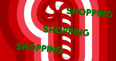 Poster - Red and White Christmas Candy Cane pattern with Shopping text. Holiday celebration.