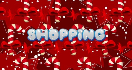 Poster - Red and White Christmas Candy Cane pattern with Shopping text. Holiday celebration.