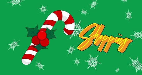 Poster - Red and White Christmas Candy Cane pattern with Shopping text. Holiday celebration.