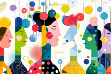 Poster - Colorful Silhouettes of Diverse Faces Representing Multicultural Connections and Shared Identities in a Geometric Mosaic Design