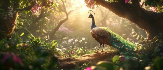 Sticker - A majestic peacock in a sunlit garden. AI.