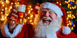 © Sunshower Shots - Jolly Santa Claus raising a glass of beer in a toast, Christmas lights, holiday cheer, wide banner