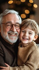 Canvas Print - Happy grandfather and grandson sharing a warm embrace. AI.