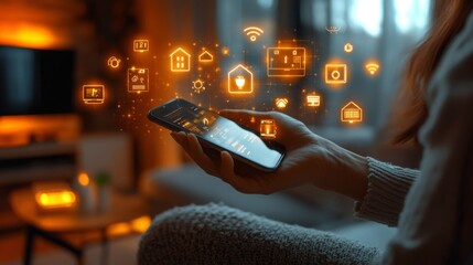 Poster - Interaction with a smartphone displaying digital icons of smart technology in a cozy room