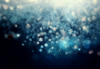 Aufkleber - A close-up image of snowflakes falling against a blurred blue background.