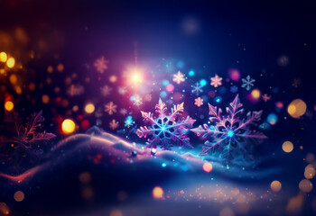 Aufkleber - A winter wonderland scene with large, intricate snowflakes in the foreground, glowing with a soft light, and smaller snowflakes softly falling from the sky.