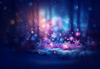 Aufkleber - A sparkling winter scene with blue, purple, and pink bokeh lights, and falling snowflakes on a fluffy, white snowy surface.