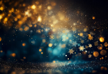 Aufkleber - Abstract winter background with gold snowflakes on a blue bokeh backdrop.