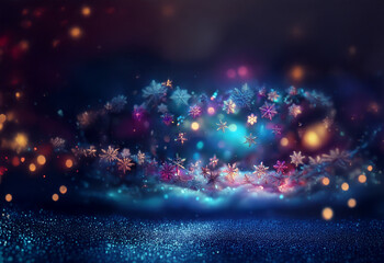 Poster - A snowy winter scene with a flurry of delicate snowflakes illuminated by colorful bokeh lights.