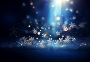 Aufkleber - A background of falling snowflakes with a blurry blue and purple backdrop.