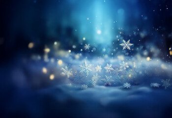 Aufkleber - A winter wonderland scene with delicate snowflakes falling against a blue and white blurred background.