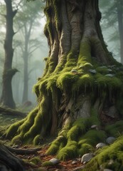Wall Mural - lush moss and fungi on an ancient tree trunk in a misty forest atmosphere, untouched, woodsy, branch
