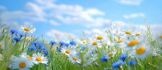 Wall Mural - Vibrant Meadow of Daisies and Blue Cornflowers under Clear Sky with Clouds