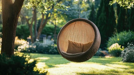 Wall Mural - Serene Garden Swing Chair Nestled Among Lush Greenery at Sunset