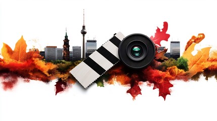 Wall Mural - Autumn city skyline with camera lens and clapperboard.