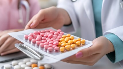 Poster - Medical Professionals Reviewing Patient Records and Medications in a Clinical Hospital or Clinic Setting Discussing Treatment and Diagnosis