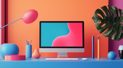Poster - Creative Desk Workspace Mockup with Bright Colors and Minimalist Design Elements