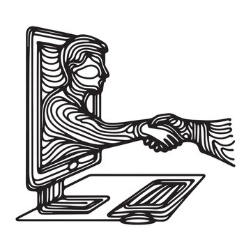 One continuous single drawing black line art doodle of a person shaking hands through a computer screen