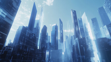 Poster - Abstract future city building tech background. Blue digital smart futuristic cityscape concept. Innovation and data hologram for virtual reality. Cyber metaverse network bg. Urban business energy