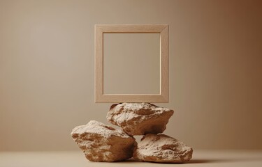 Aufkleber - Wooden Frame on Beige Stone Stack Minimalist Display