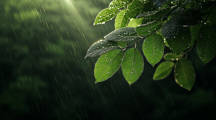Poster - Lush green leaves glistening with raindrops in serene rainforest