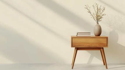 Wall Mural - Minimalist serenity furniture concept, Modern wooden side table with a vase and minimal decor against a light wall.