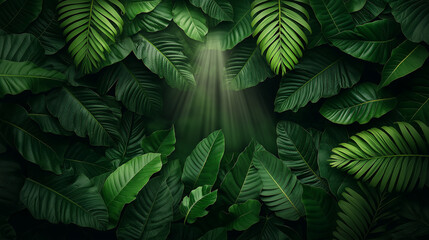 Poster - Lush green leaves create vibrant rainforest canopy with sunlight