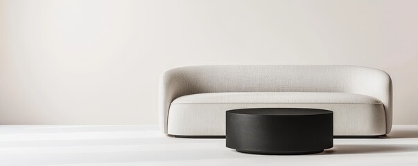 Wall Mural - Minimalist serenity furniture concept, Modern couch with a textured design and a round coffee table in a minimalist setting.