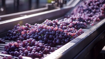 Poster - Grapes are being sorted on a conveyor belt in a vineyard during the harvesting season. The sunlight enhances the rich color of the fruit, showcasing their quality for natural wine making.