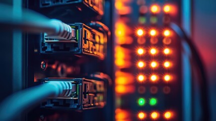 Poster - Close-Up View of Network Switch with LEDs and Ethernet Cables