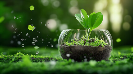 Poster - vibrant plant growing in glass bowl, surrounded by lush greenery