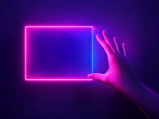 Poster - Neon Pink Blue Square Frame Held by Mannequin Hand on Purple Background Futuristic Minimalist Design
